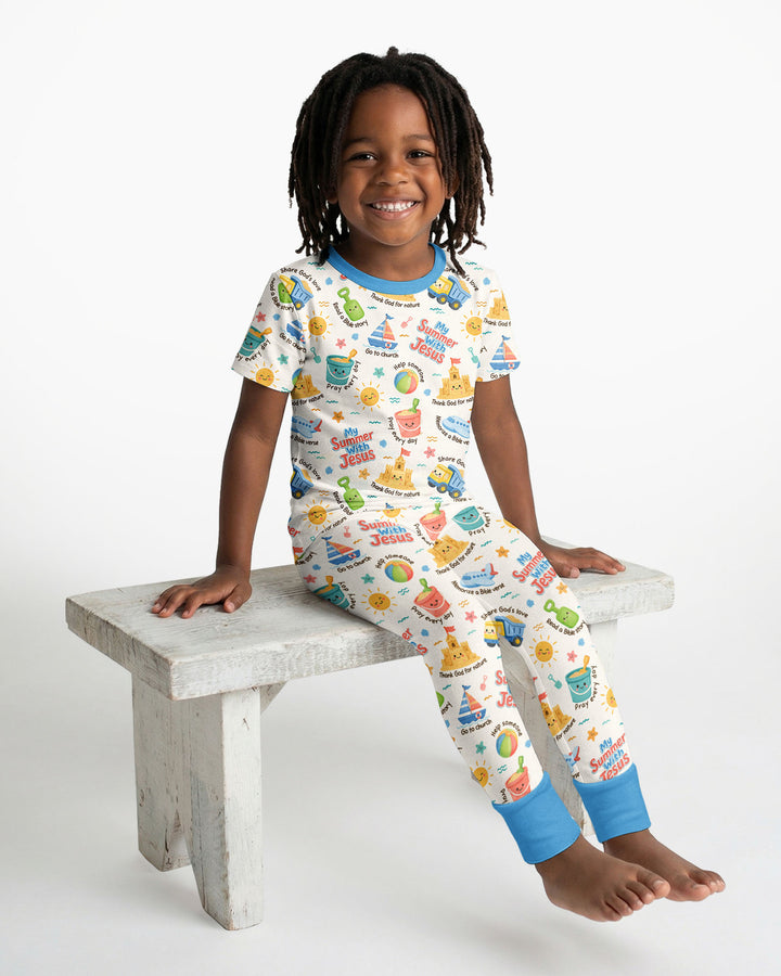 Colorful Summer Beach With Jesus Bamboo Two Piece Short Sleeve Pajama Set