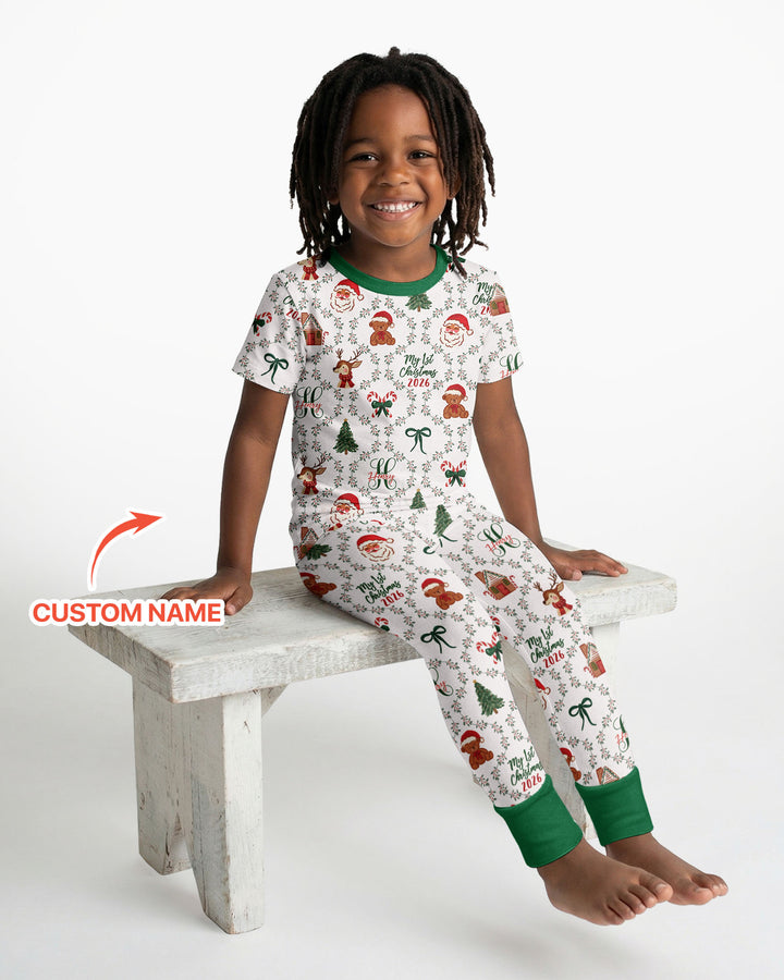 Custom name "Fancy Monogram Green Christmas 2026" Bamboo Two Piece Short Sleeve Pajama Set