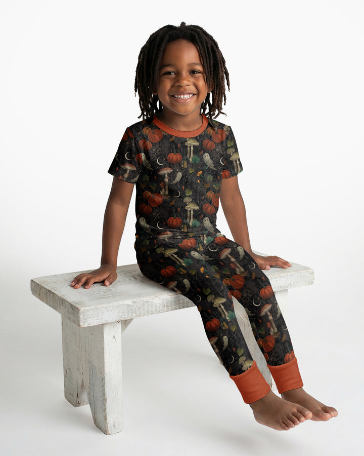Spooky Cute Ghost Pumpkin Mushroom Halloween Bamboo Two Piece Short Sleeve Pajama Set