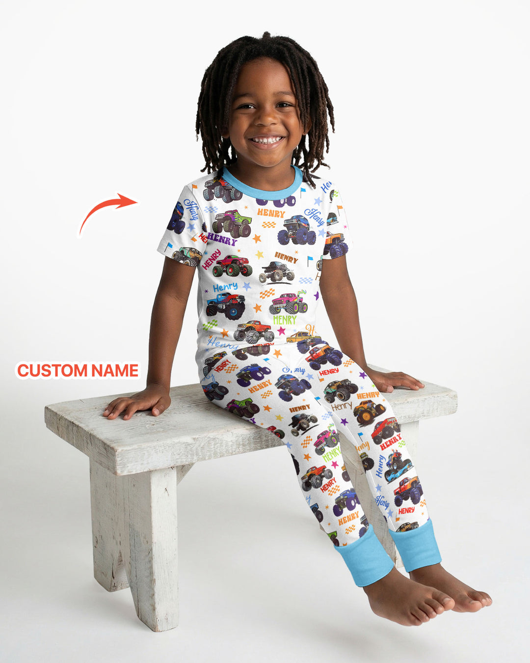 Monster Truck Custom Name Bamboo Two Piece Short Sleeve Pajama Set