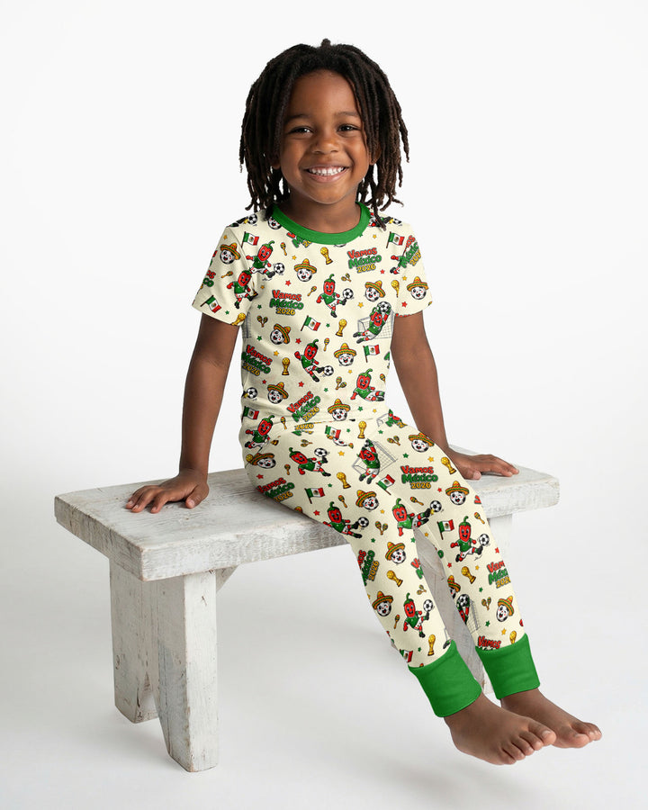 Cartoon World Soccer Vamos Mexico Family Matching Bamboo Two Piece Short Sleeve Pajama Set