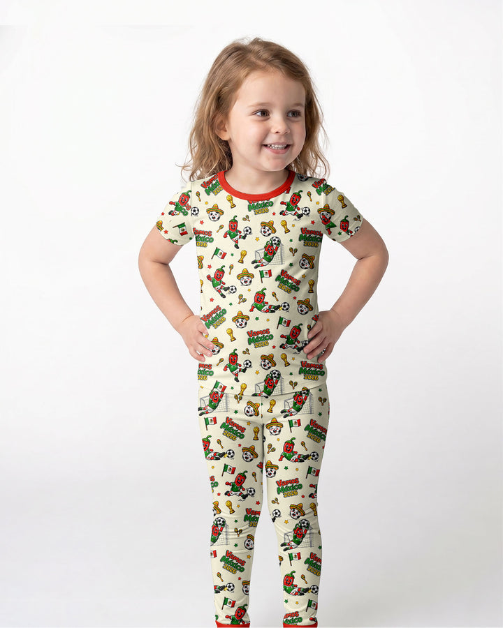 Cartoon World Soccer Vamos Mexico Family Matching Bamboo Two Piece Short Sleeve Pajama Set