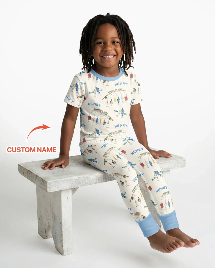 Hooked On Jesus Fishing Matching Bamboo Two Piece Short Sleeve Pajama Set