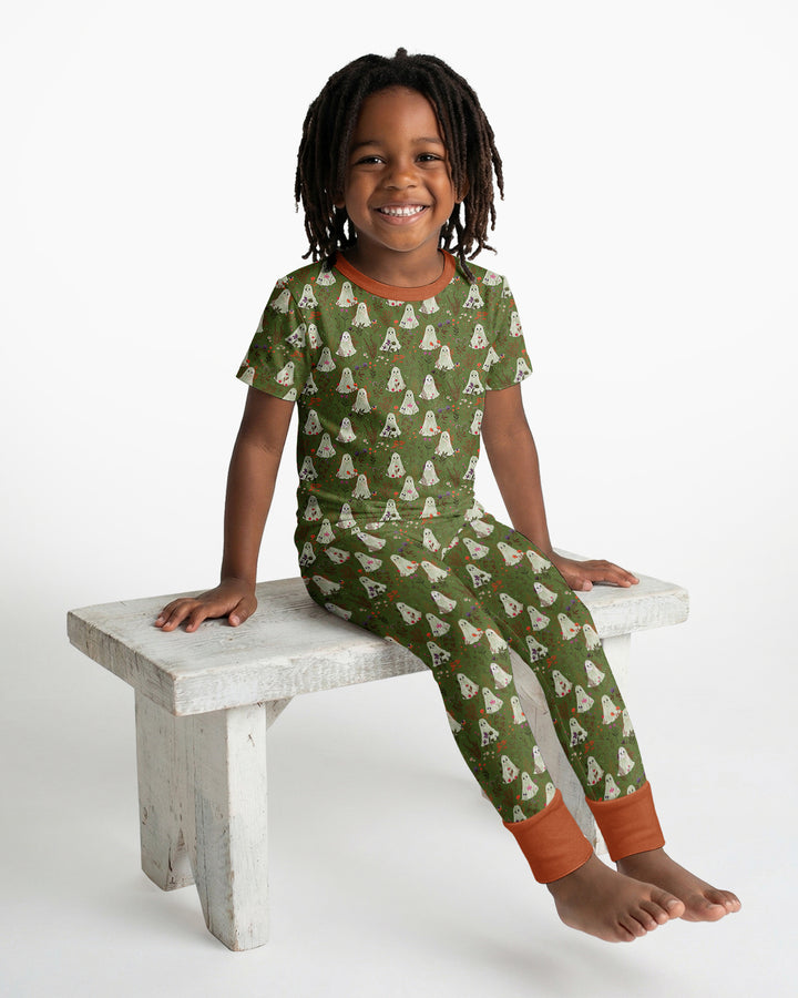 Cute Ghost Halloween Moss Green Floral Bamboo Two Piece Short Sleeve Pajama Set
