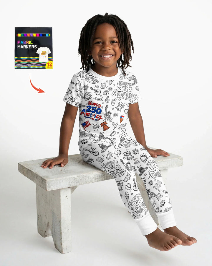 All Colorable Happy 250 America I love USA Bamboo Two Piece Short Sleeve Pajama Set