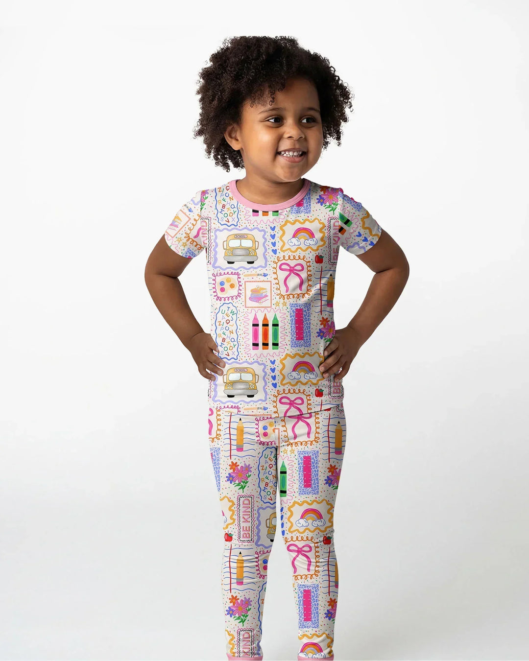 Colorful Doodle School Bamboo Two Piece Short Sleeve Pajama Set