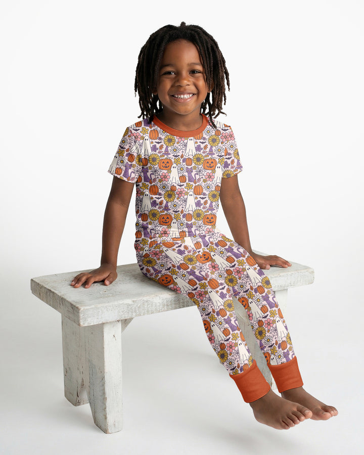 Ghost Pumpkin Fall Floral Halloween Bamboo Two Piece Short Sleeve Pajama Set
