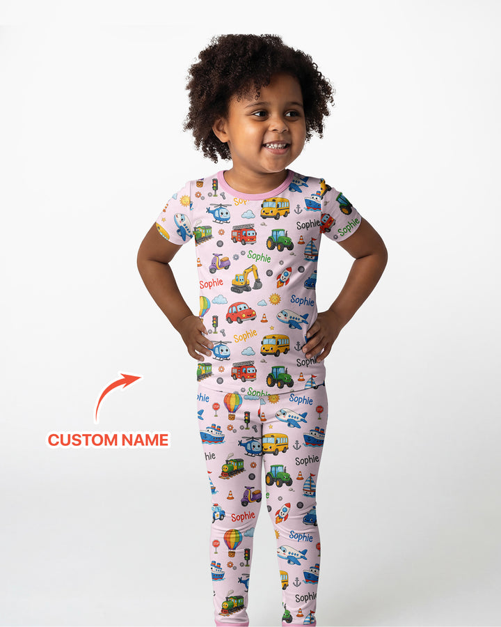 Custom Name Cute Transport Bamboo Two Piece Short Sleeve Pajama Set