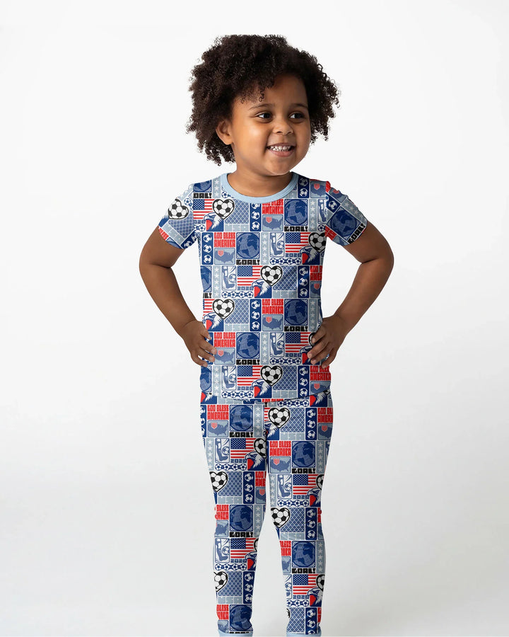 World Soccer God Bless America Bamboo Two Piece Short Sleeve Pajama Set