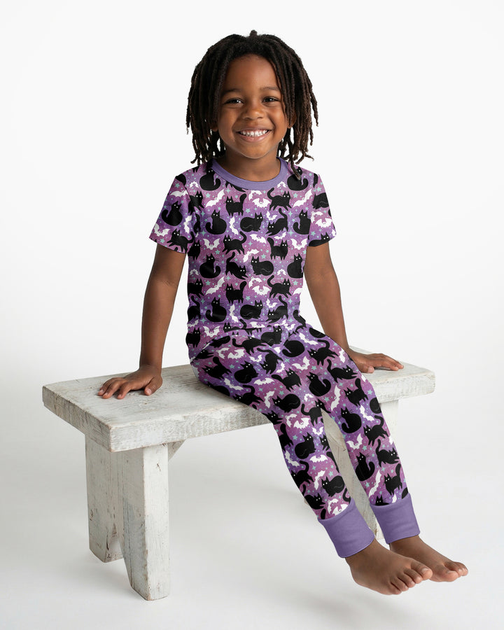 Spooky Black Cat Halloween Purple Bats Bamboo Two Piece Short Sleeve Pajama Set