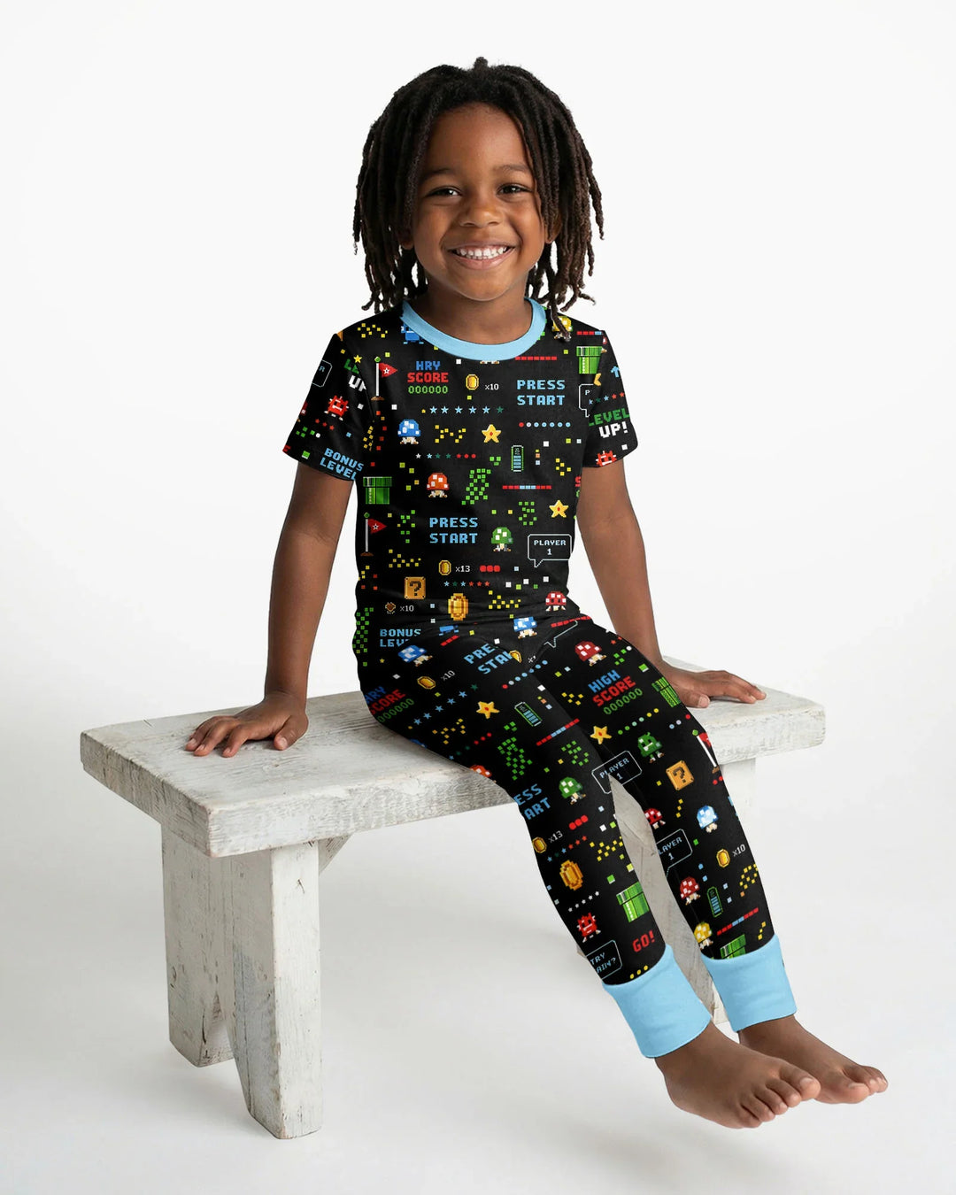 Conjunto de pijama de dos piezas de manga corta de bambú a juego para amantes de los juegos de píxeles