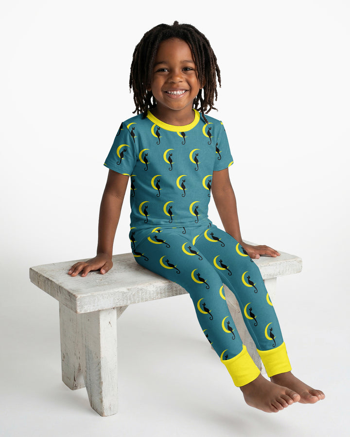 Black Cat Crescent Moon Celestial Night Bamboo Two Piece Short Sleeve Pajama Set