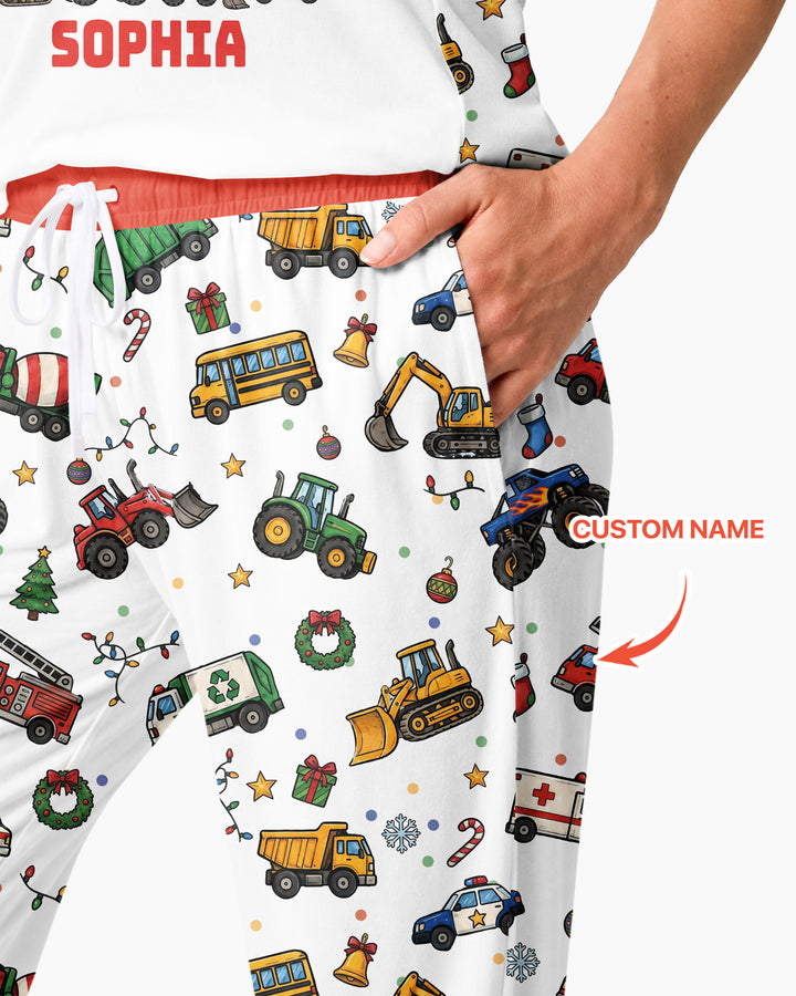Custom Name Little Trucks Christmas Tree Bamboo Women Pajama Set