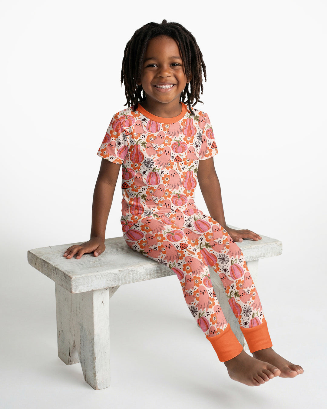 Pink Ghost Pumpkin Fall Floral Halloween Bamboo Two Piece Short Sleeve Pajama Set