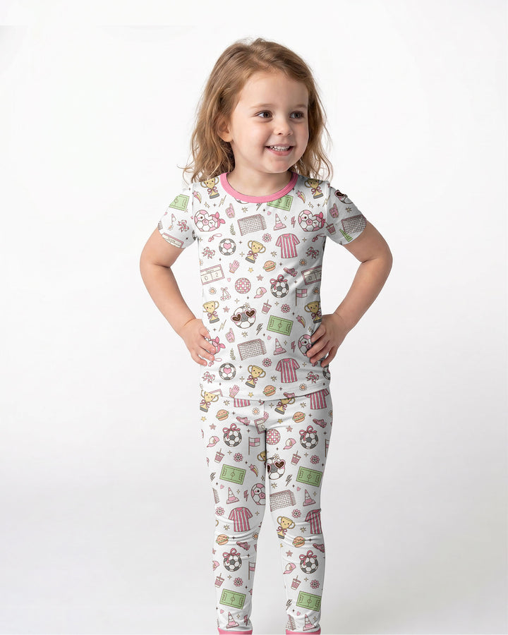 Pink Girly Soccer Coquette Bamboo Two Piece Short Sleeve Pajama Set