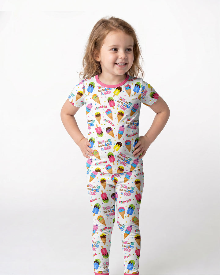 Jesus Summer Ice Cream Taste and See That The Lord Is Good Bamboo Two Piece Short Sleeve Pajama Set