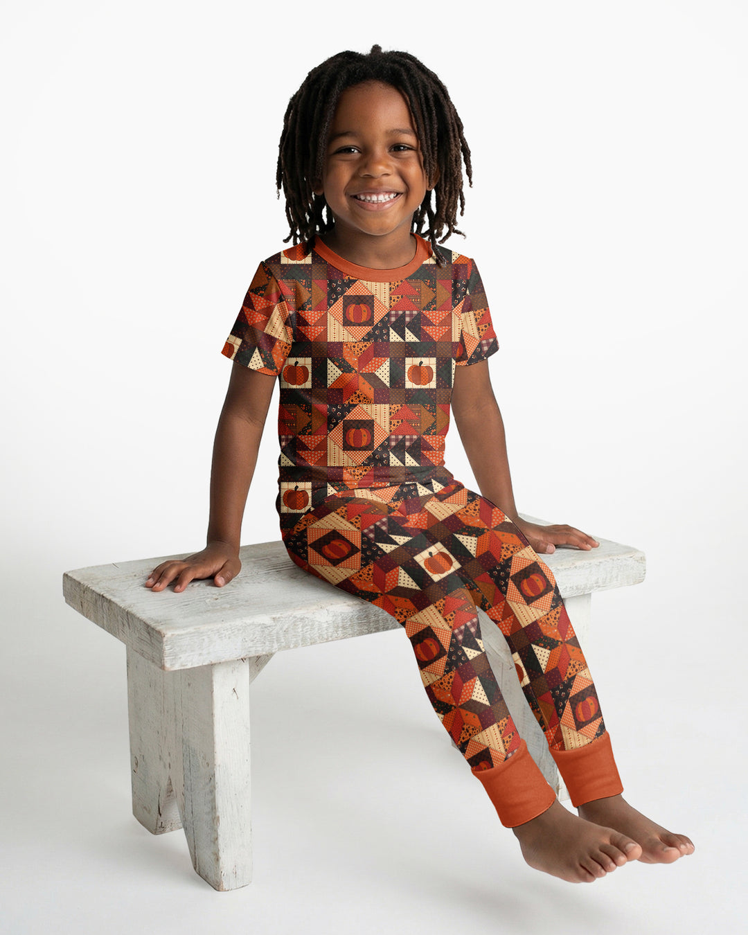 Vintage Pumpkin Patchwork Fall Bamboo Two Piece Short Sleeve Pajama Set