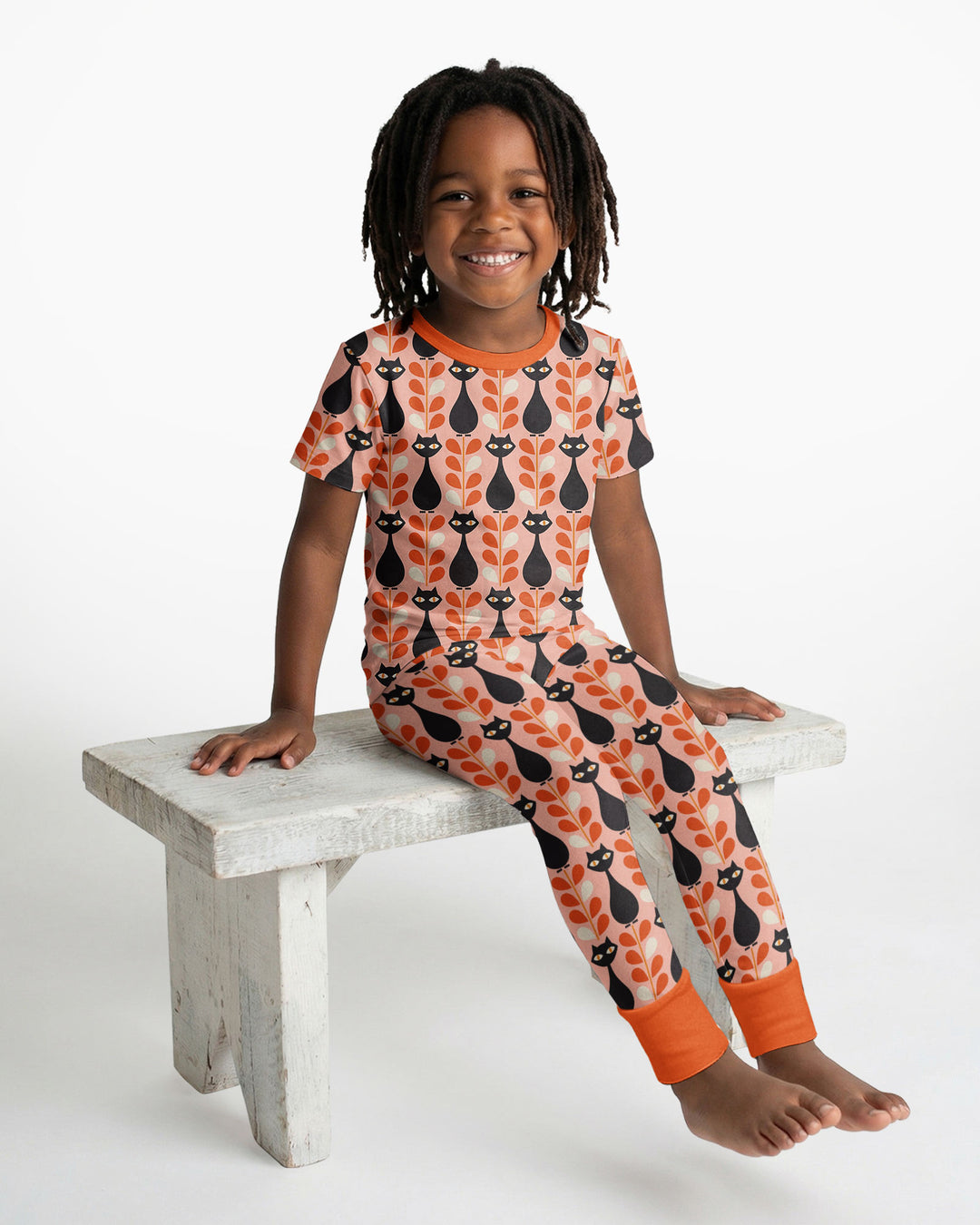Retro Black Cat Garden Bamboo Two Piece Short Sleeve Pajama Set