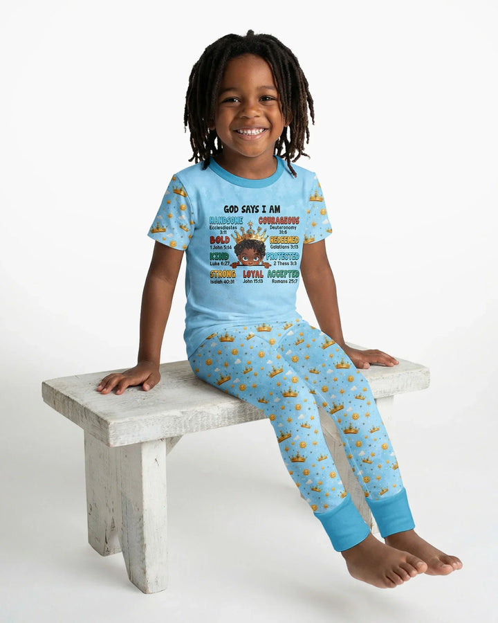 God Says I Am Afro  Boy  Bamboo Two Piece Short Sleeve Pajama Set