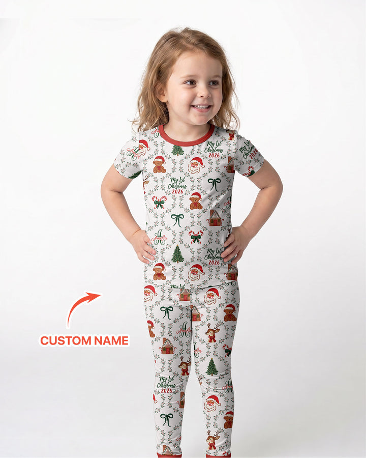 Custom name "Fancy Monogram Red Christmas 2026" Bamboo Two Piece Short Sleeve Pajama Set