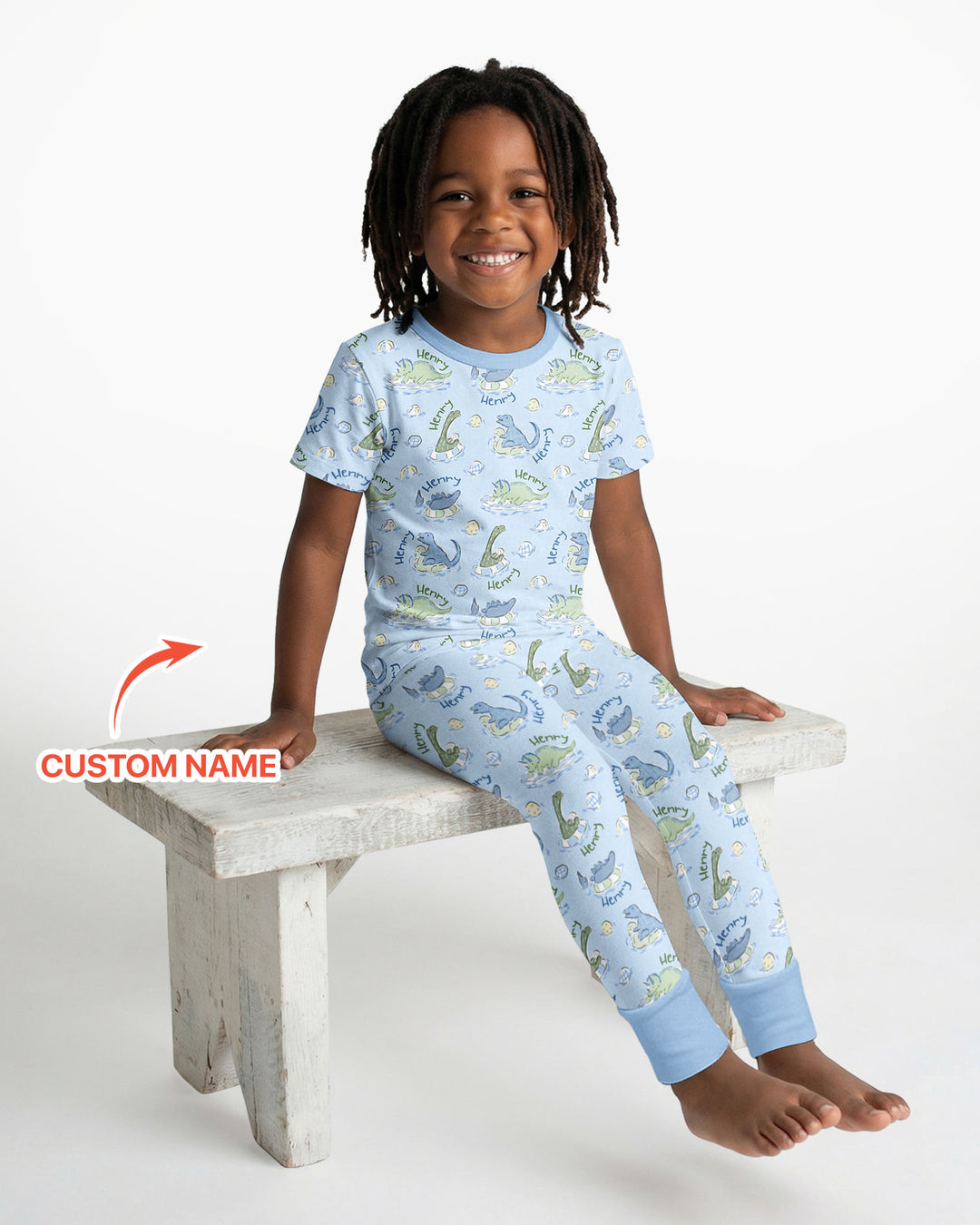 Dinos Swimming Custom Name Bamboo Two Piece Short Sleeve Pajama Set