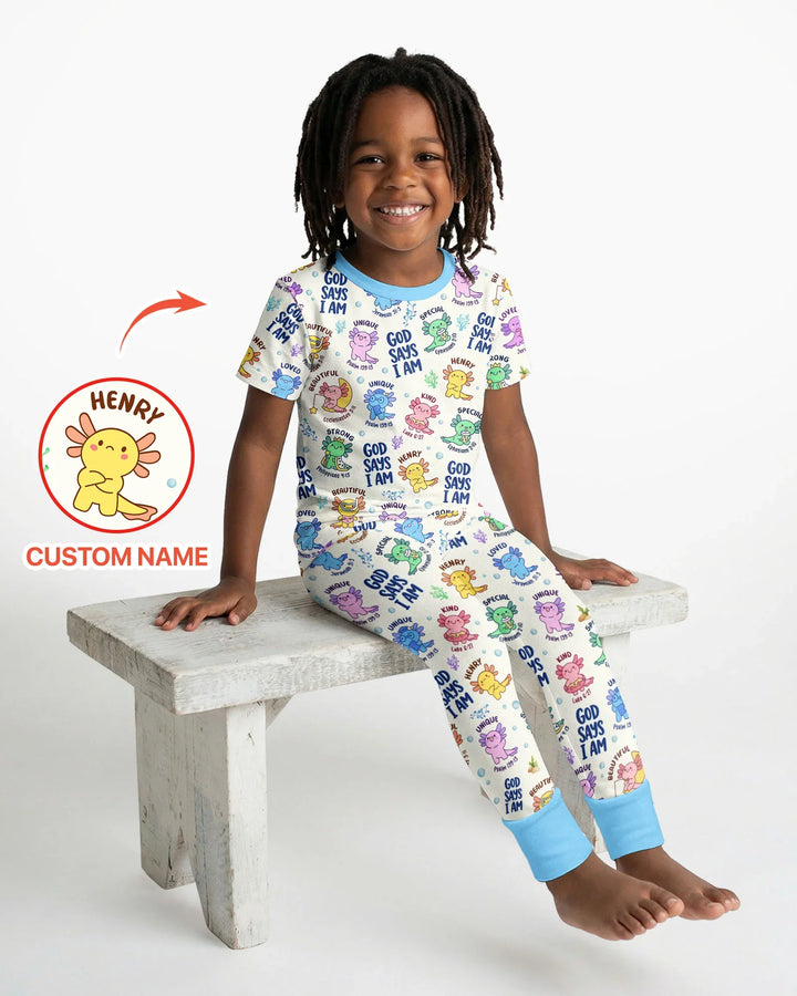 Axolotl God Says I Am Custom Name Bamboo Two Piece Short Sleeve Pajama Set