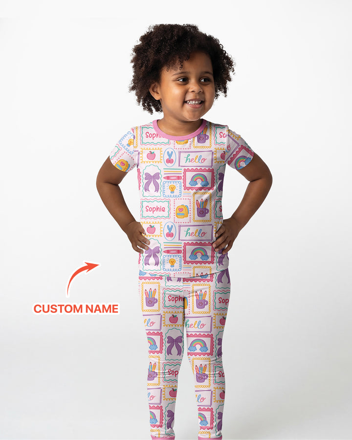 Custom Name Hello School Bamboo Two Piece Short Sleeve Pajama Set