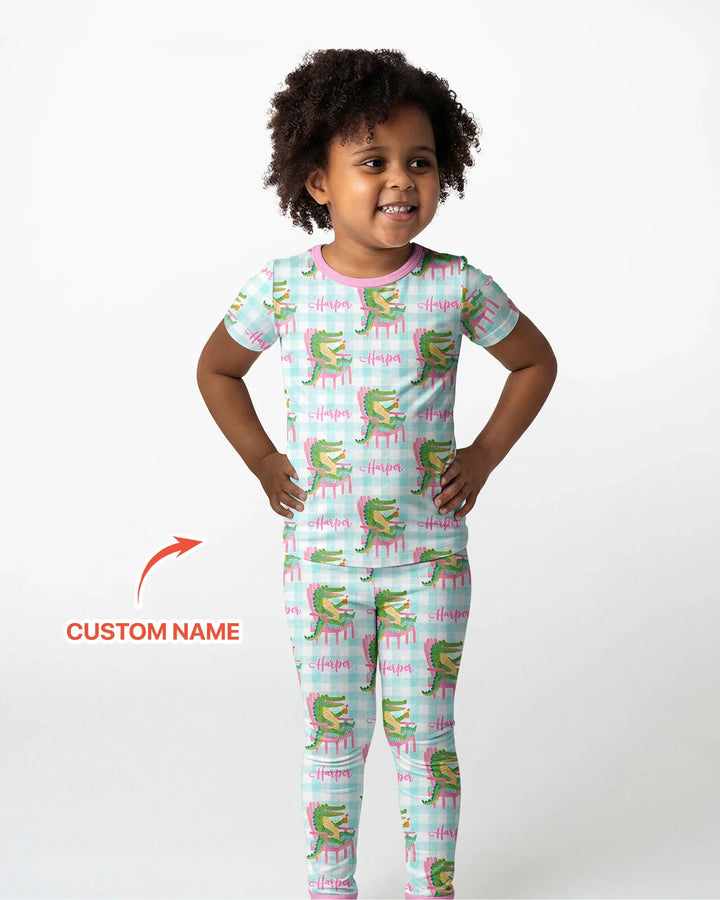 Custom Name Preppy Later Gator Bamboo Two Piece Short Sleeve Pajama Set