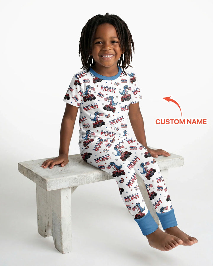 Custom Name American Flag Dinosaur Bamboo Two Piece Short Sleeve Pajama Set
