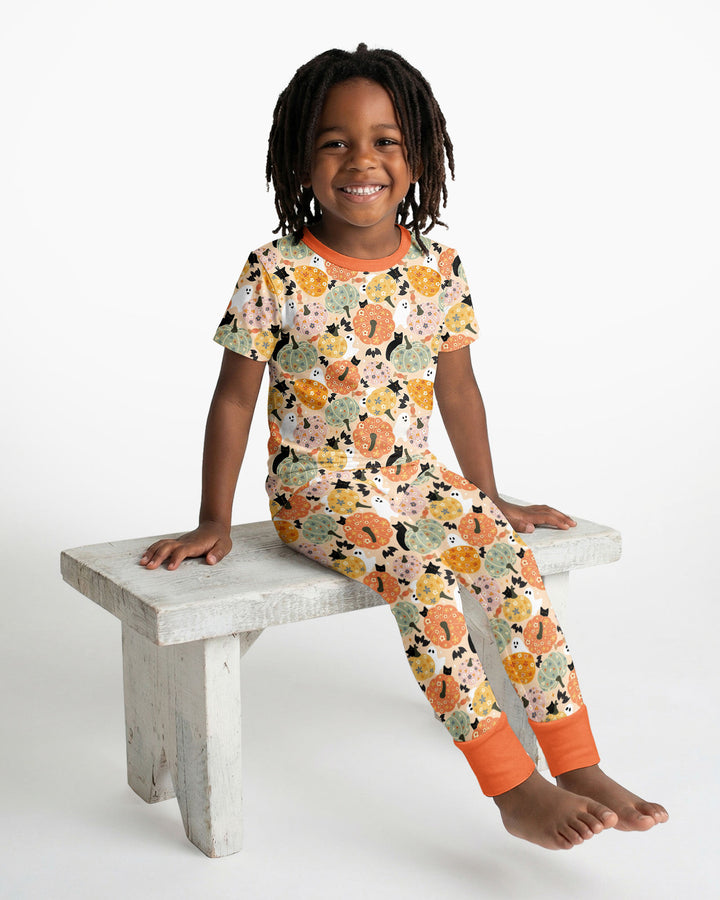 Floral Pumpkin Ghost Halloween Bamboo Two Piece Short Sleeve Pajama Set