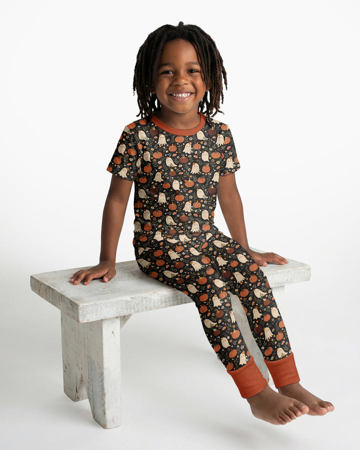 Ghost Pumpkin Harvest Floral Halloween Bamboo Two Piece Short Sleeve Pajama Set