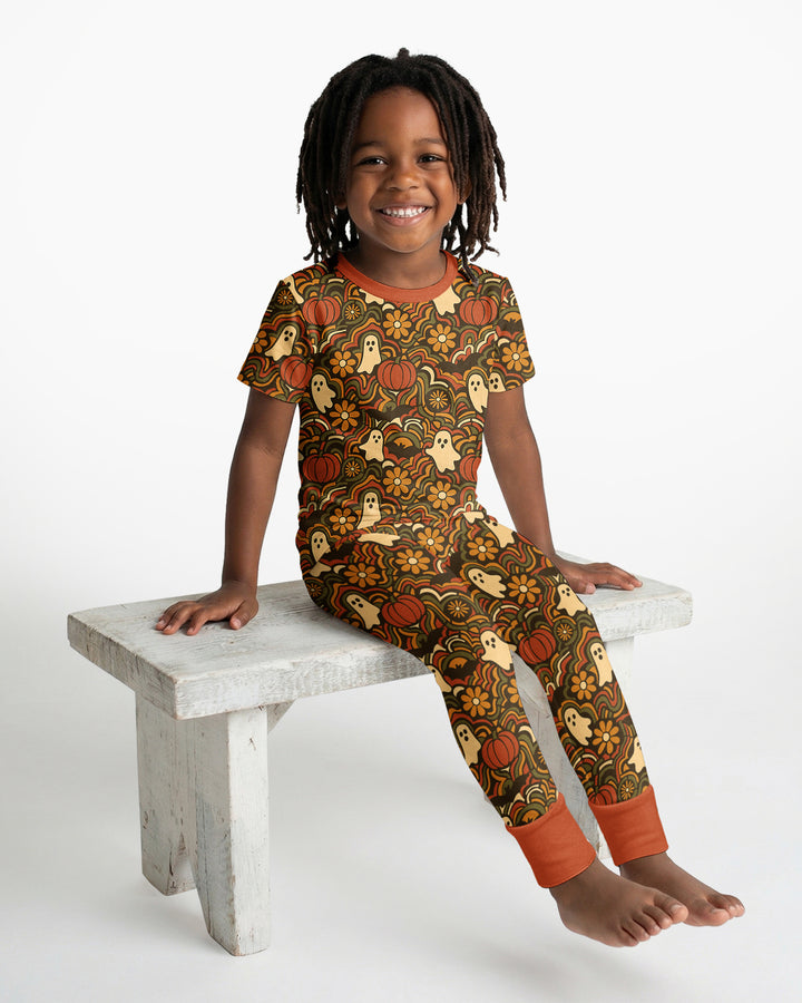 Retro Halloween Ghost Pumpkin Floral Bamboo Two Piece Short Sleeve Pajama Set