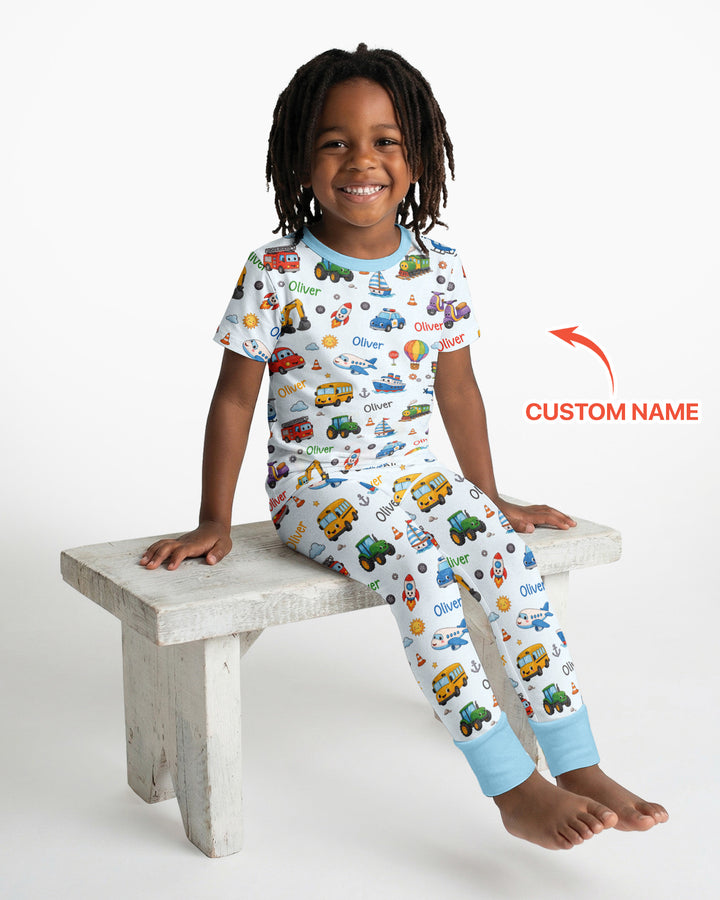 Custom Name Cute Transport Bamboo Two Piece Short Sleeve Pajama Set