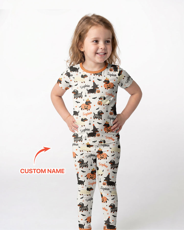 Orange and Black Dachshund Bamboo Two Piece Short Sleeve Pajama Set