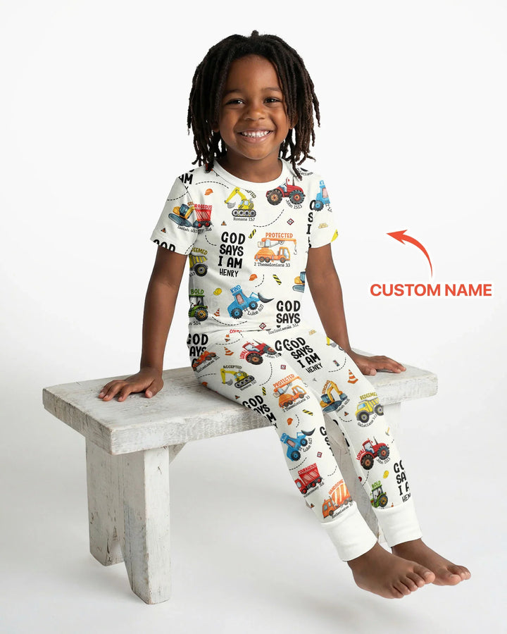Conjunto de Pijama de Dos Piezas de Bambú para Niño con Manga Corta "God Says I Am" con Nombre Personalizado