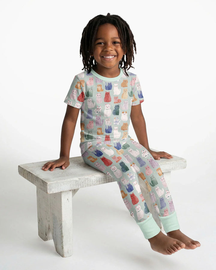 Enchanted Happy Kitty Family Matching Bamboo Two Piece Short Sleeve Pajama Set