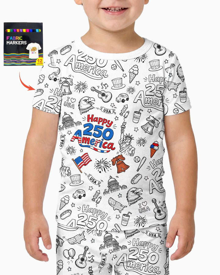 All Colorable Happy 250 America I love USA Bamboo Two Piece Short Sleeve Pajama Set