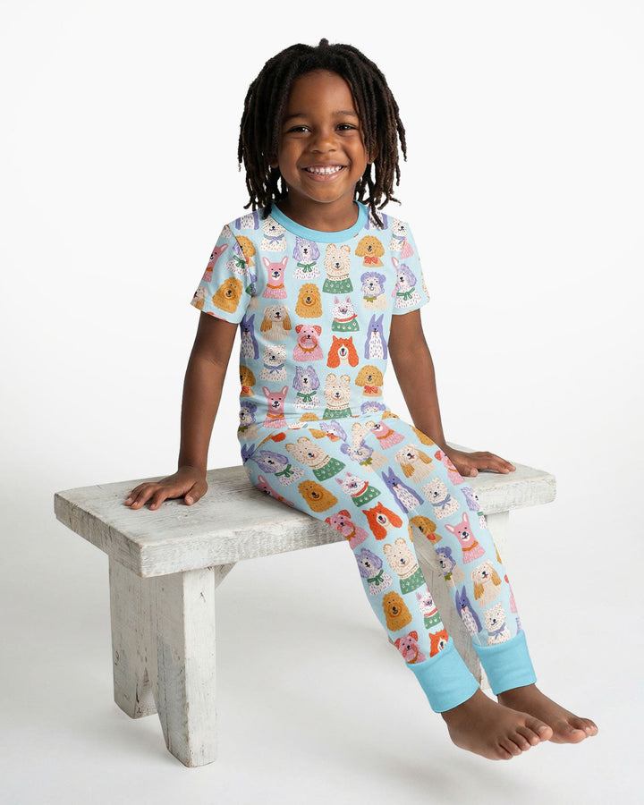 Whimsical Puppy Parade Family Matching Bamboo Two Piece Short Sleeve Pajama Set