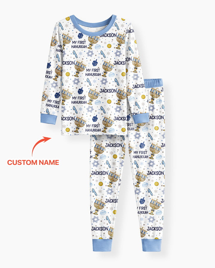 Custom Name Doodle Dreidel First Hanukkah Bamboo Two Piece Long Sleeve Pajama Set