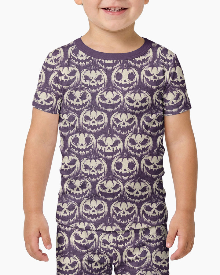 Retro Halloween Jack-O-Lantern Spooky Faces Bamboo Two Piece Short Sleeve Pajama Set