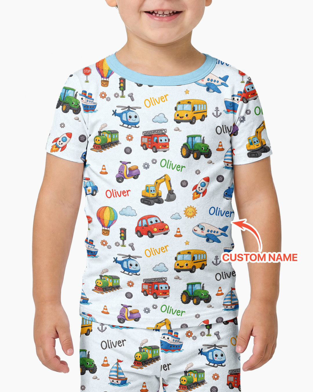 Custom Name Cute Transport Bamboo Two Piece Short Sleeve Pajama Set