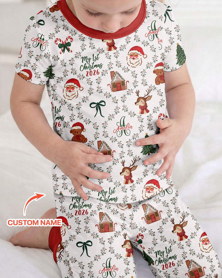 Custom name "Fancy Monogram Red Christmas 2026" Bamboo Two Piece Short Sleeve Pajama Set