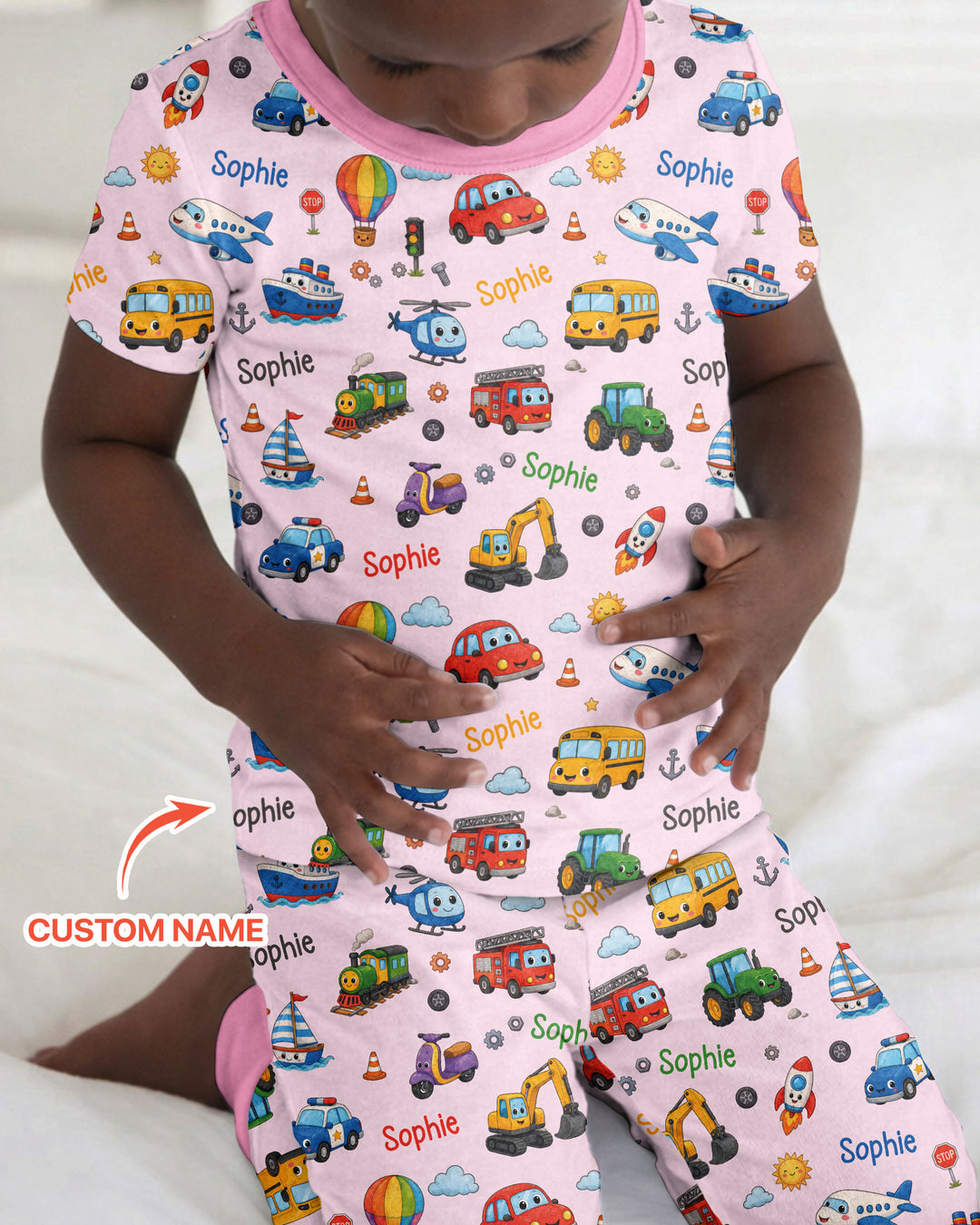 Custom Name Cute Transport Bamboo Two Piece Short Sleeve Pajama Set