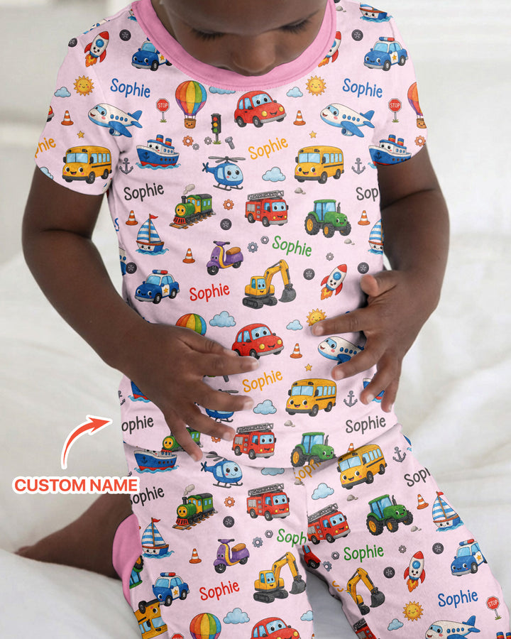 Custom Name Cute Transport Bamboo Two Piece Short Sleeve Pajama Set