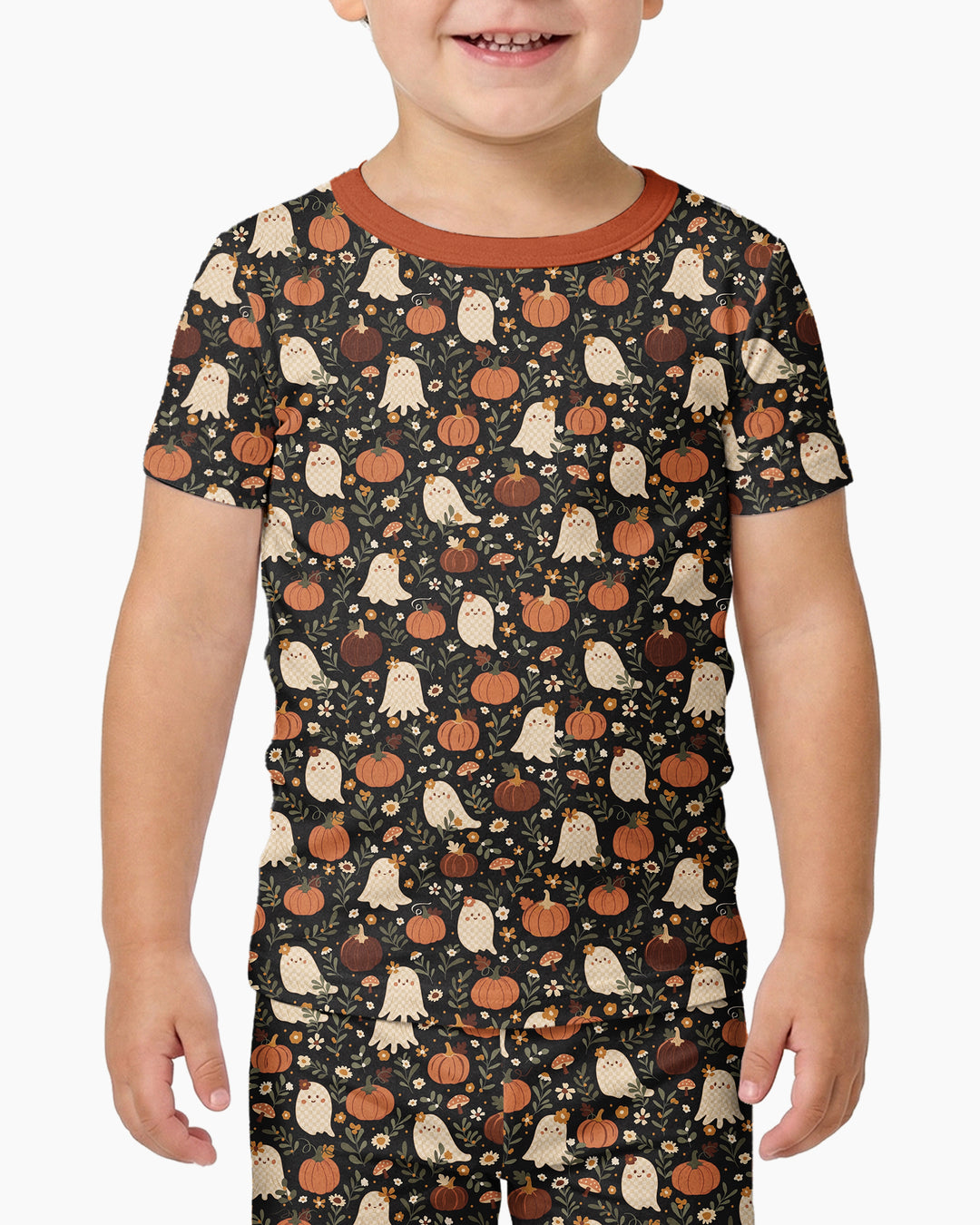 Ghost Pumpkin Harvest Floral Halloween Bamboo Two Piece Short Sleeve Pajama Set