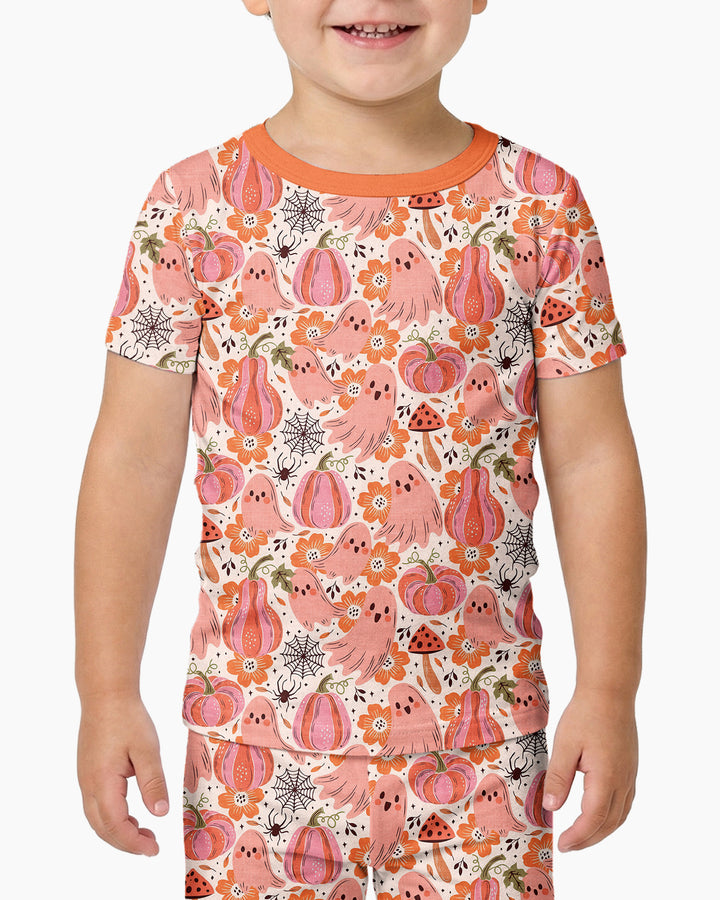 Pink Ghost Pumpkin Fall Floral Halloween Bamboo Two Piece Short Sleeve Pajama Set