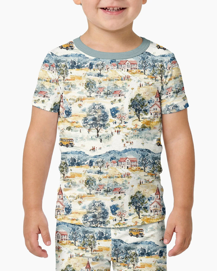 Whimsical Watercolor School Village Bamboo Two Piece Short Sleeve Pajama Set