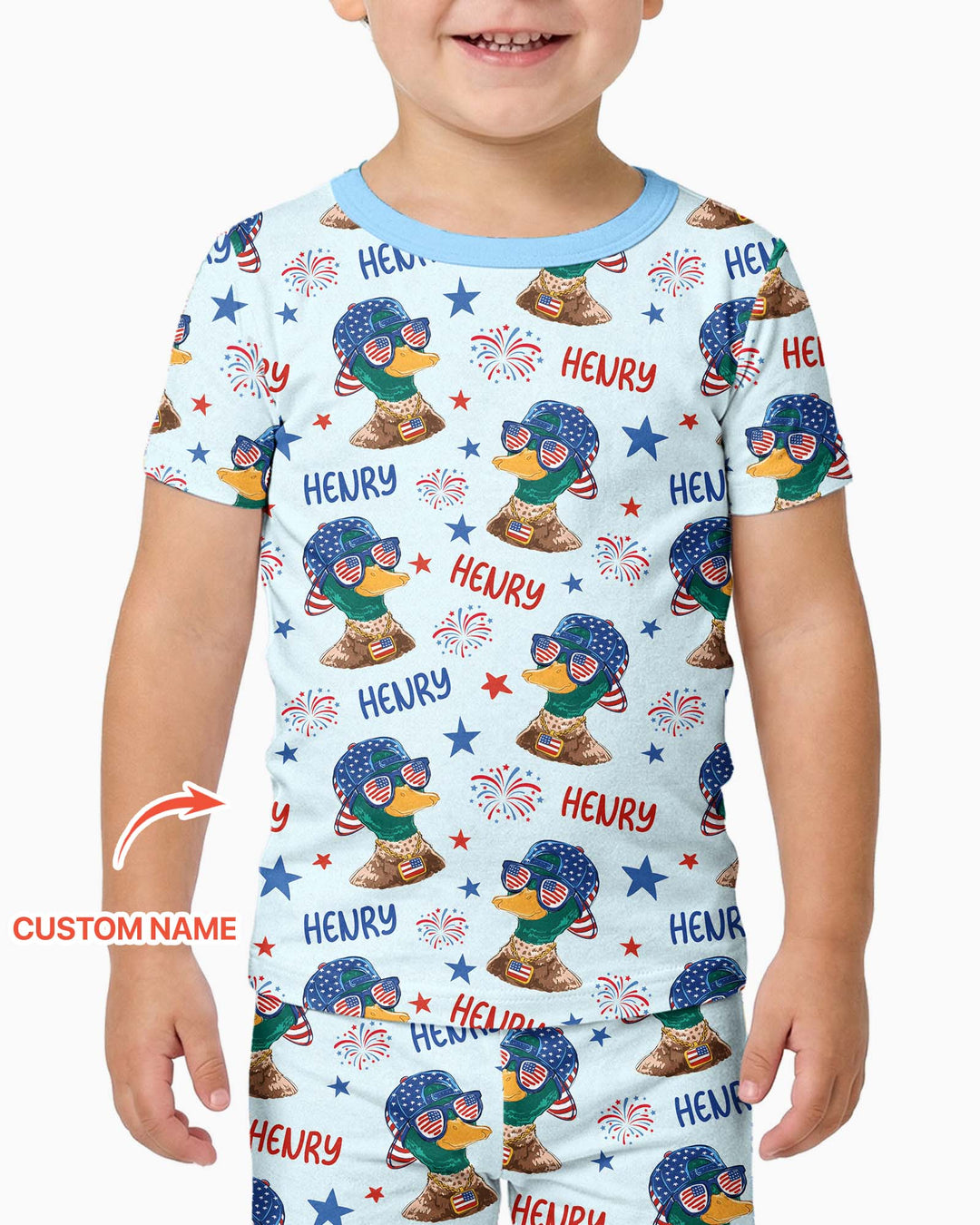 Custom Name Patriotic Mallard Duck Bamboo Two Piece Short Sleeve Pajama Set