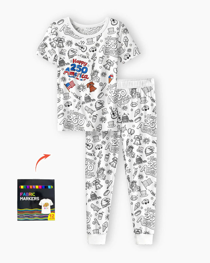 All Colorable Happy 250 America I love USA Bamboo Two Piece Short Sleeve Pajama Set
