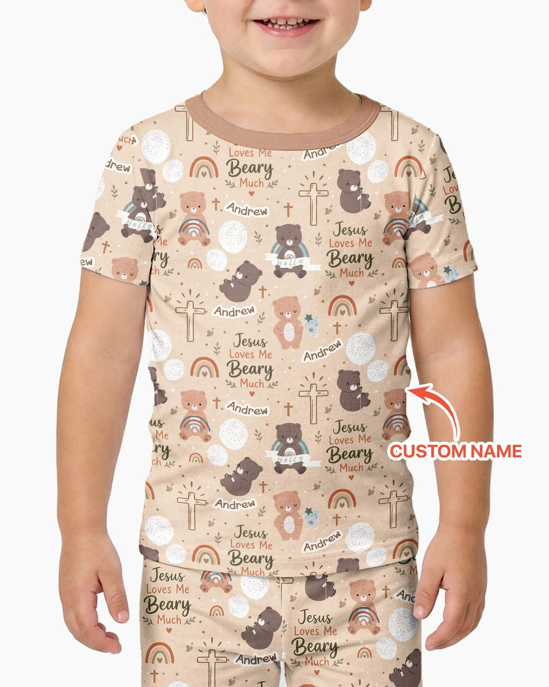 Custom Name Jesus Loves Me Beary Much Bamboo Two Piece Short Sleeve Pajama Set